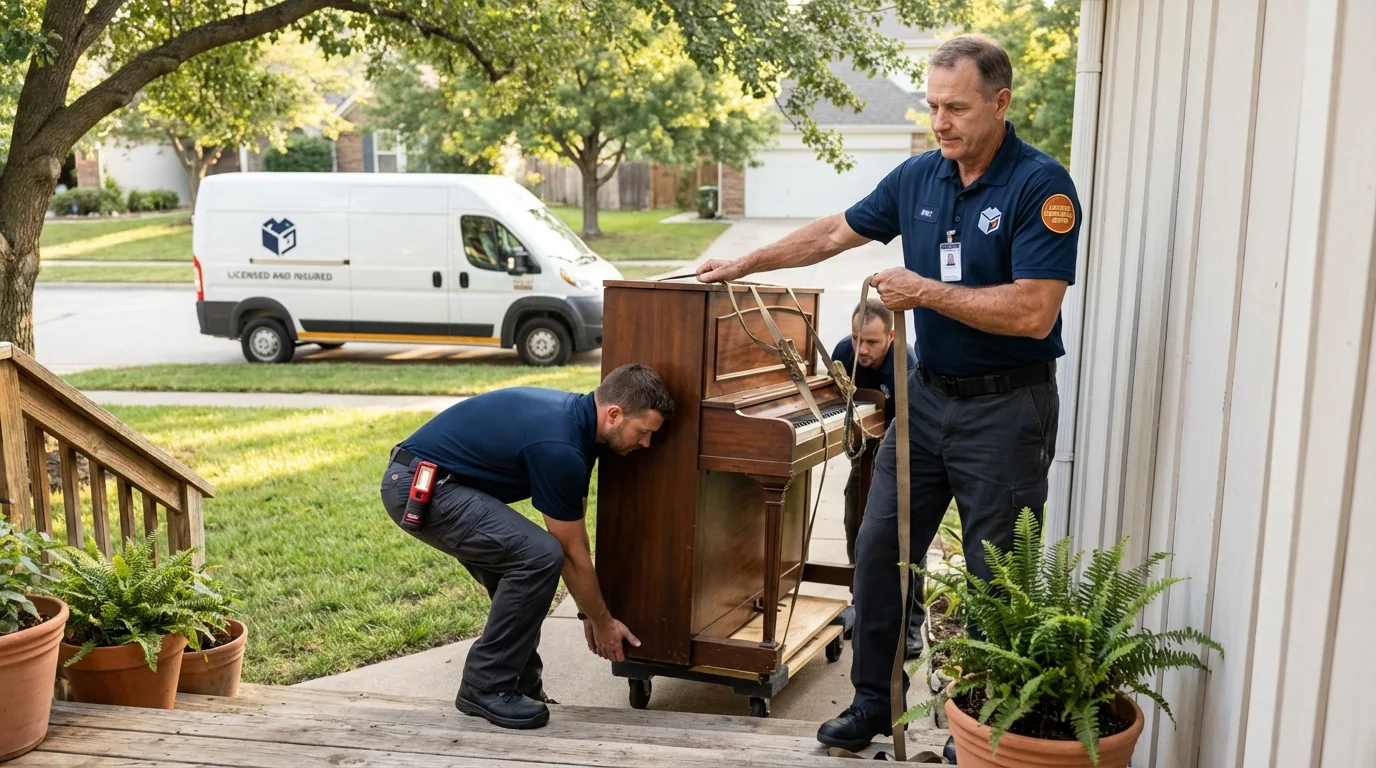 Licensed piano movers securing grand piano in Jackson, MN