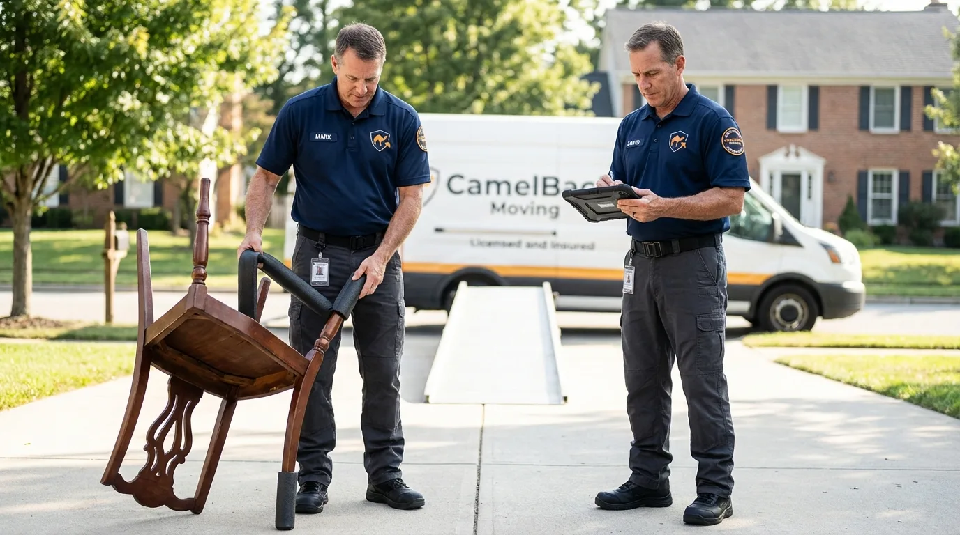 Movers inspecting furniture for damage prevention before loading in Jackson, MN