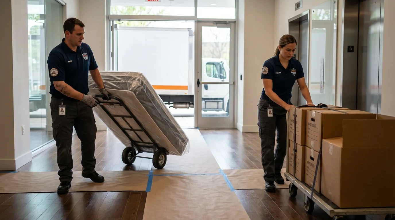 Professional apartment movers loading elevator in Jackson, MN